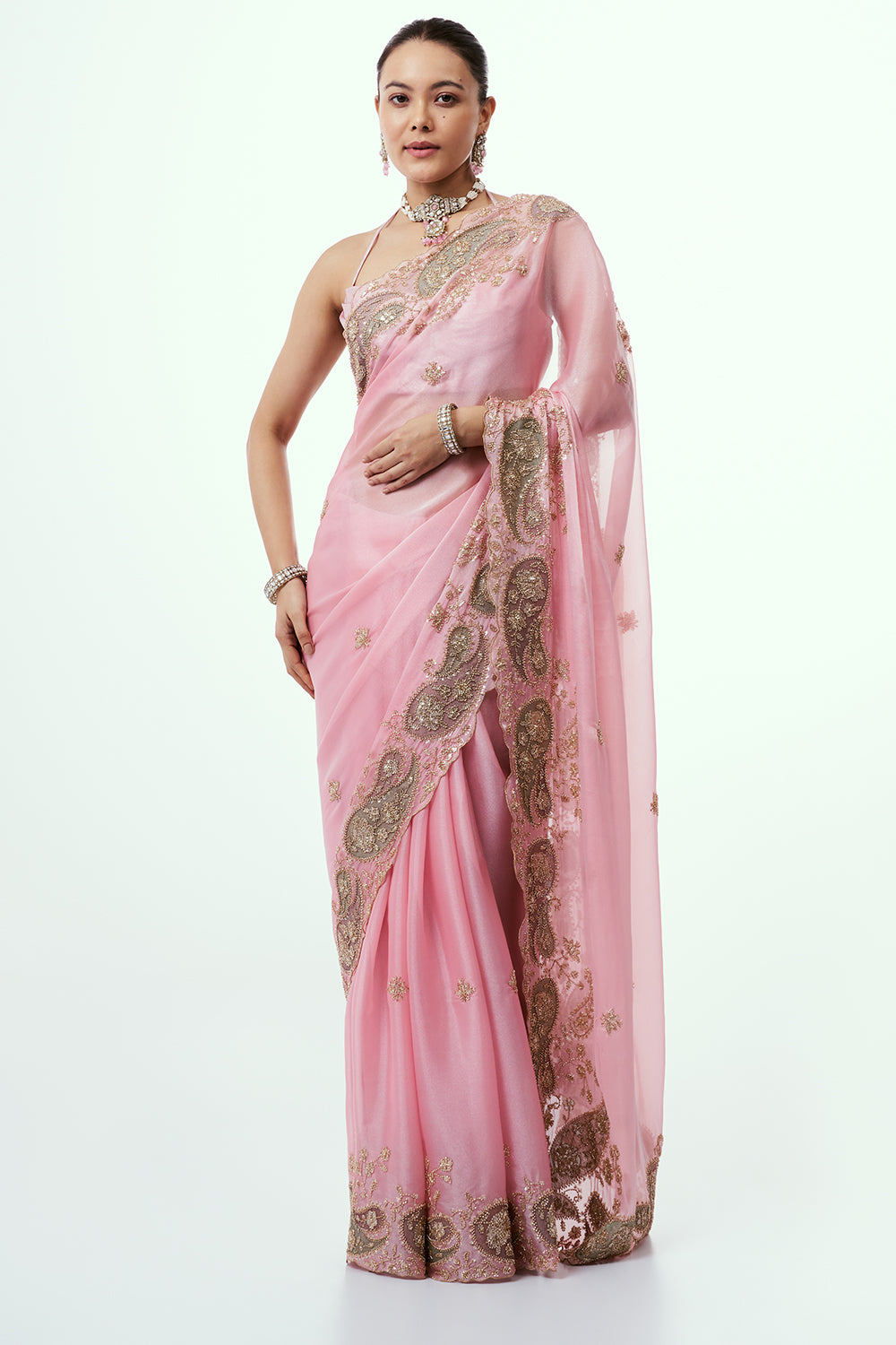 Pink Shimmer Organza Saree with Thread Work