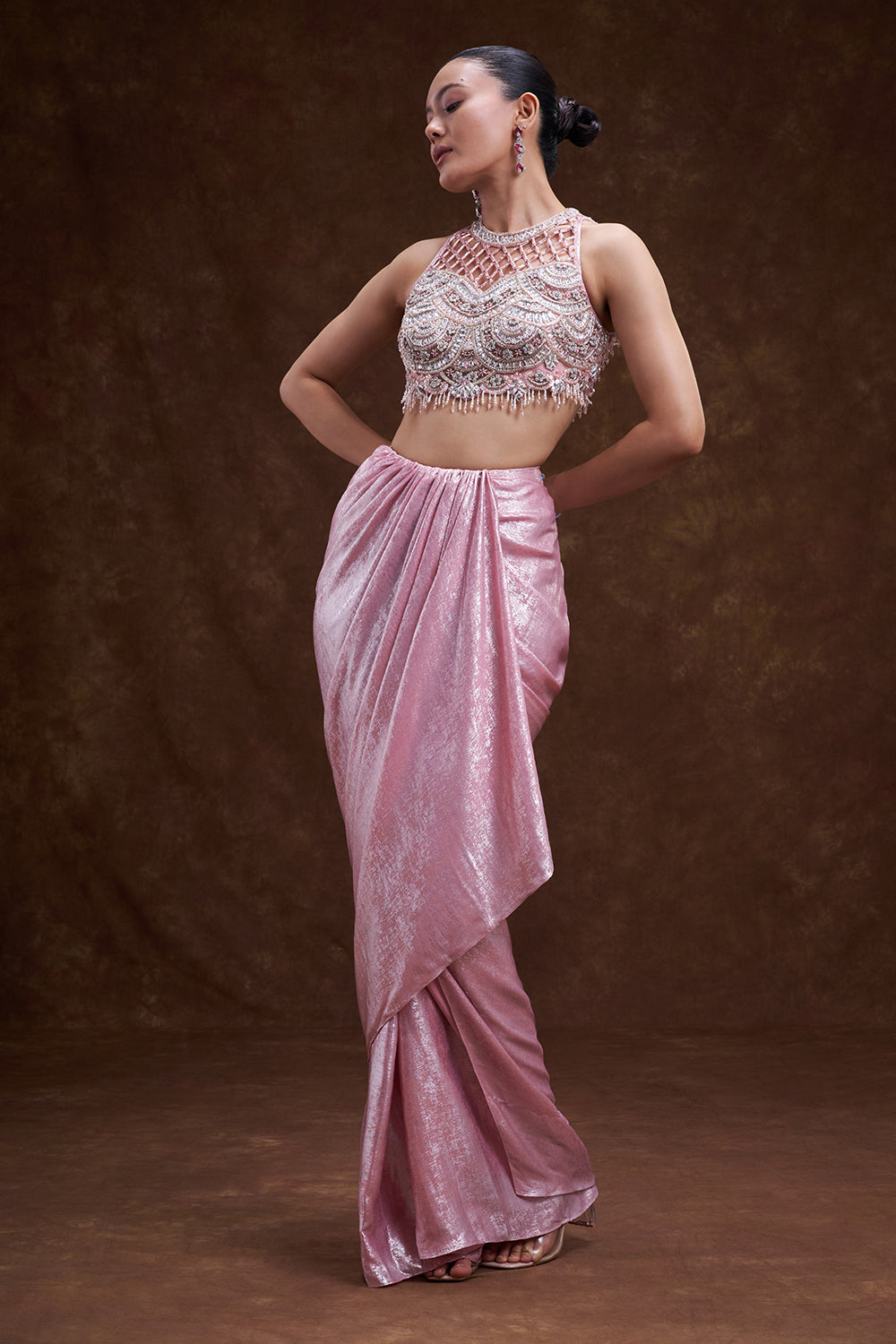 Pink Shimmer Satin Draped Skirt Set