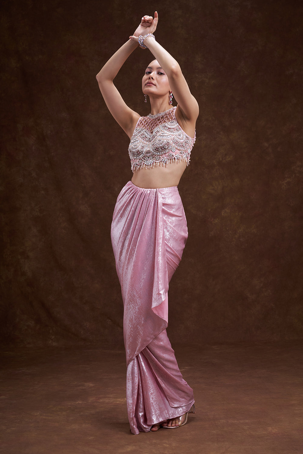 Pink Shimmer Satin Draped Skirt Set