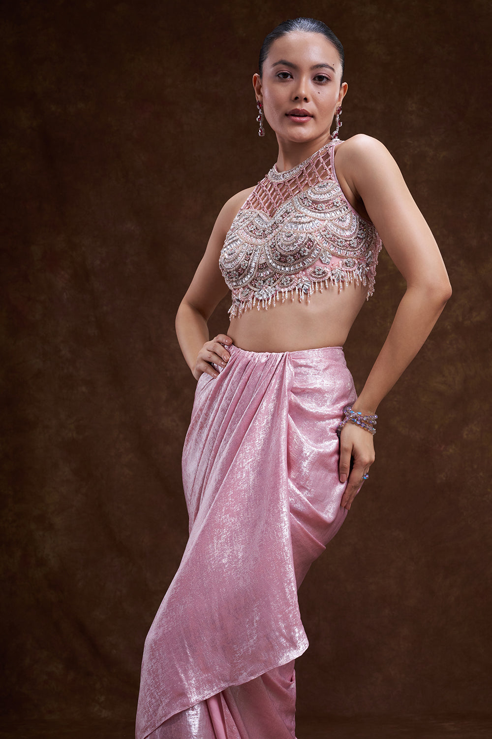 Pink Shimmer Satin Draped Skirt Set