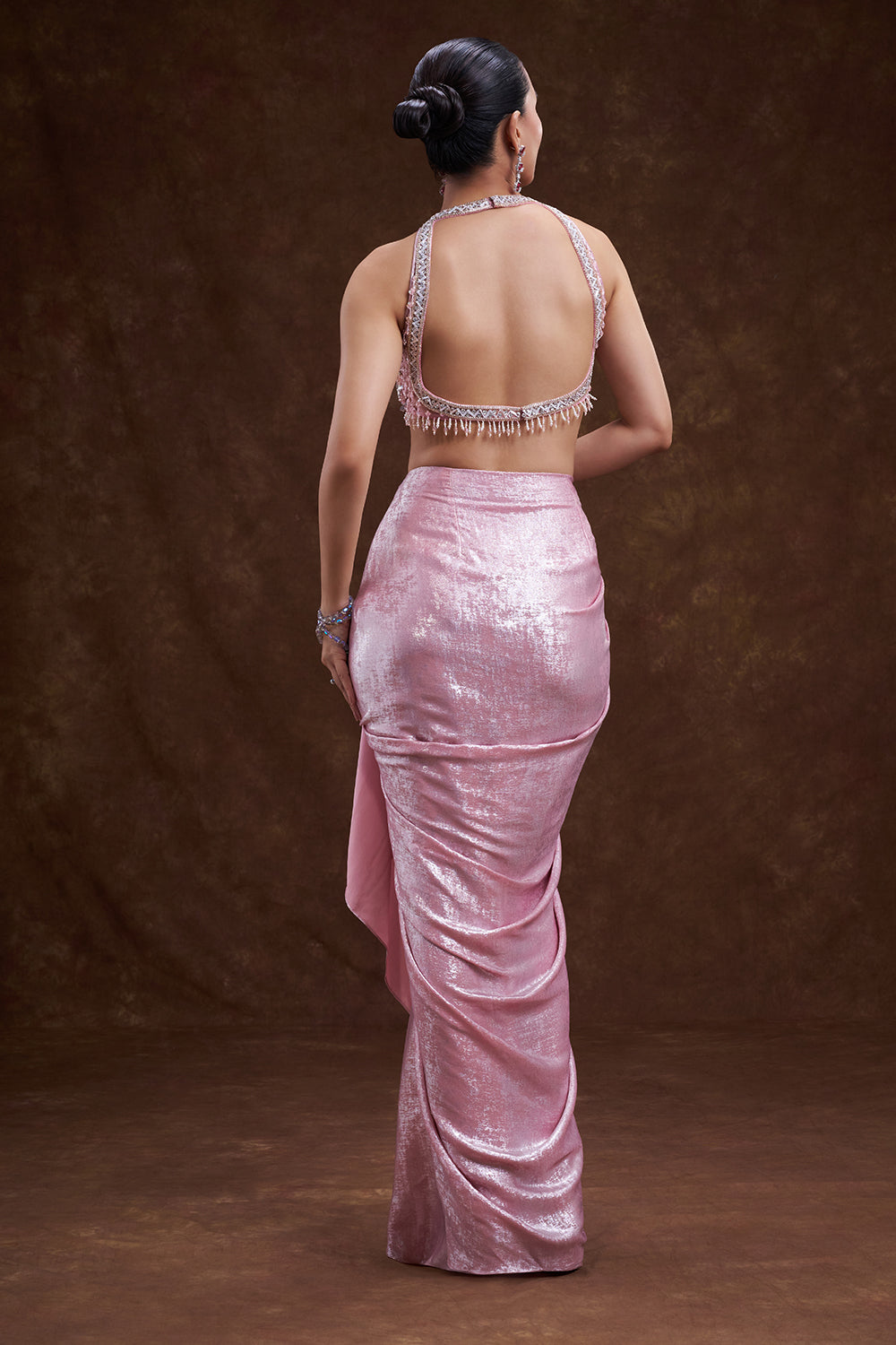 Pink Shimmer Satin Draped Skirt Set