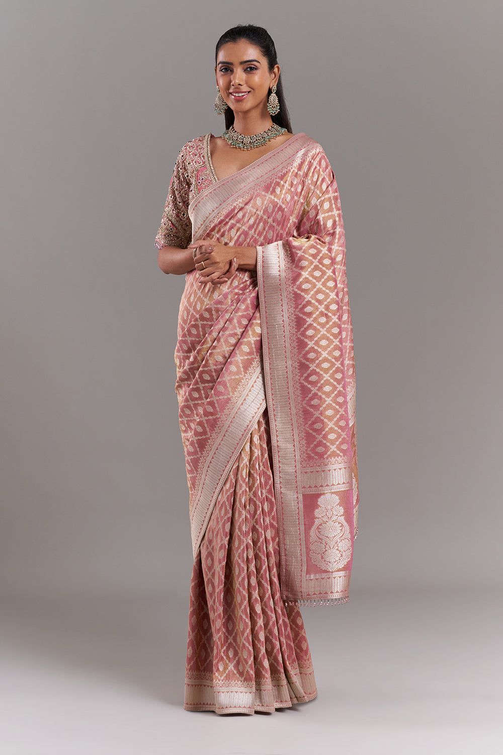 Pink Shimmer Tissue Banarasi Printed Saree with Stitched Blouse