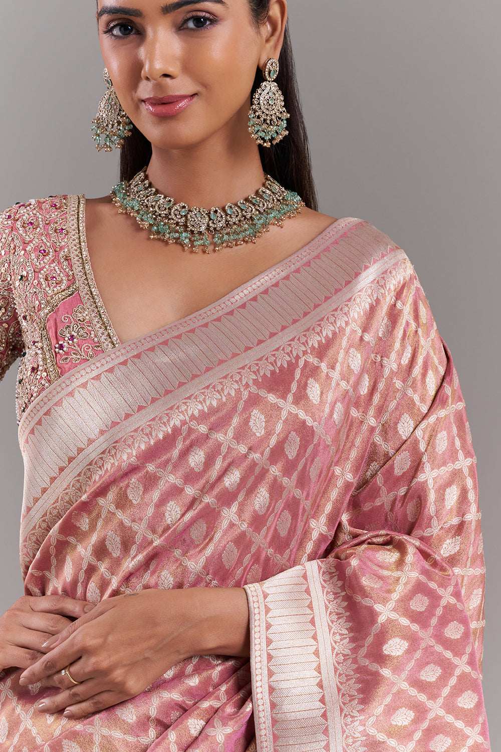 Pink Shimmer Tissue Banarasi Printed Saree with Stitched Blouse