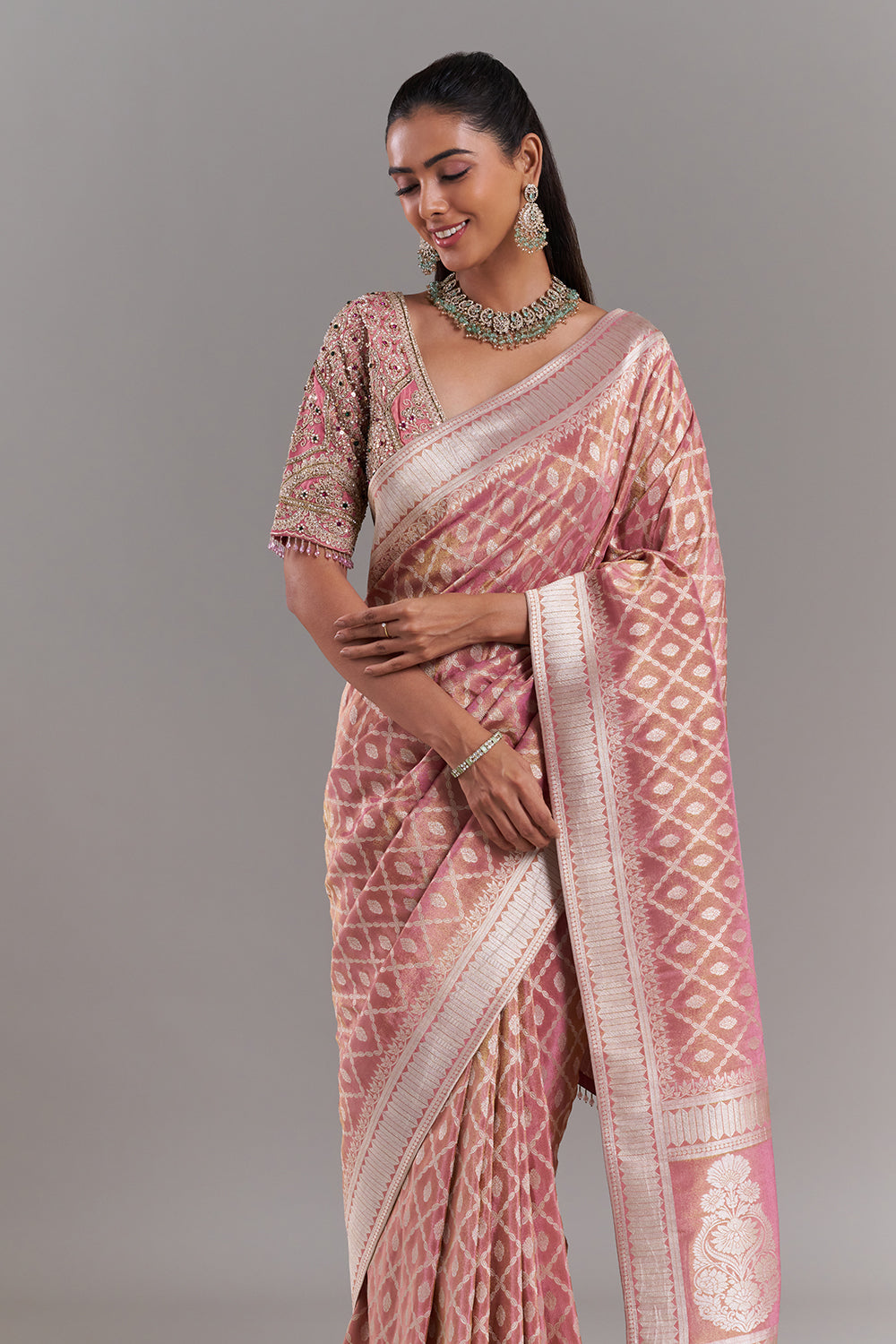 Pink Shimmer Tissue Banarasi Printed Saree with Stitched Blouse