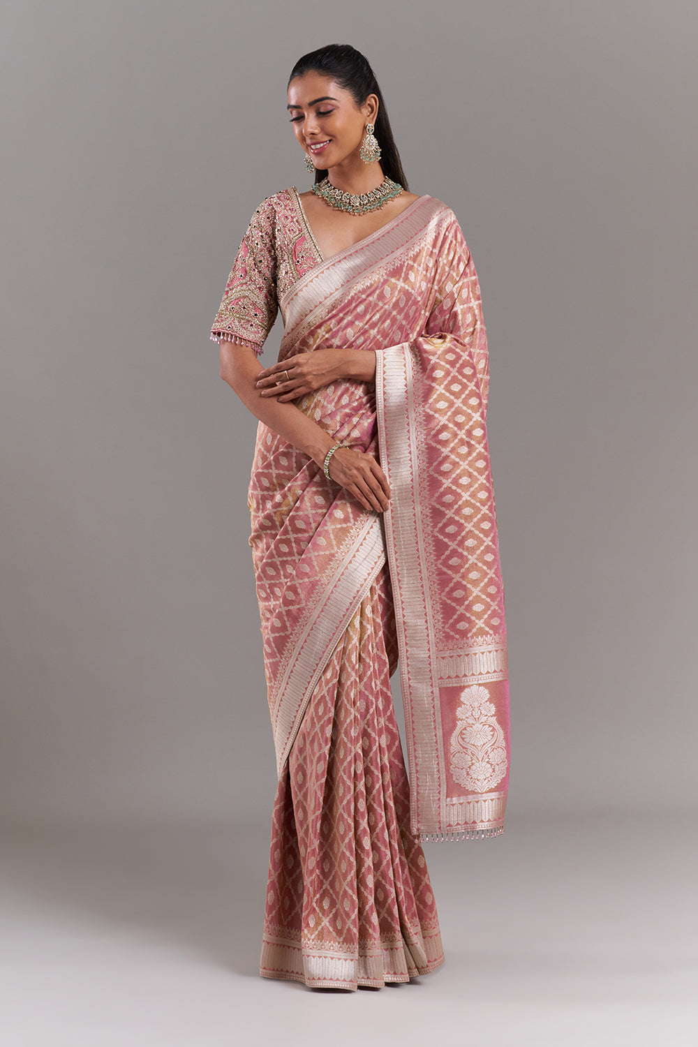 Pink Shimmer Tissue Banarasi Printed Saree with Stitched Blouse