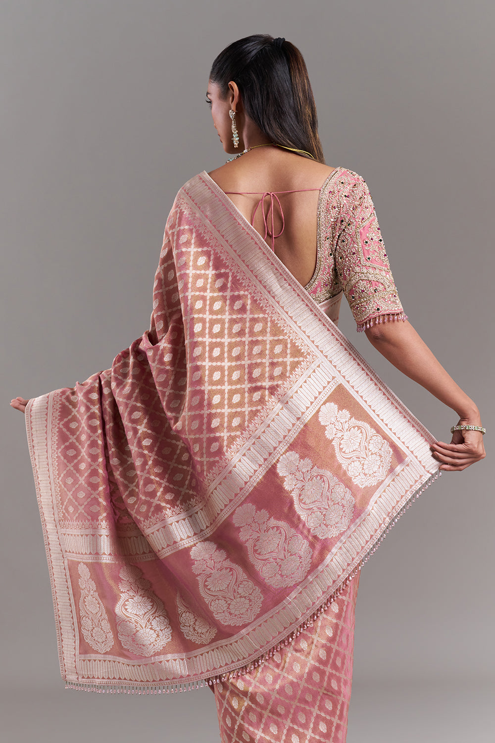 Pink Shimmer Tissue Banarasi Printed Saree with Stitched Blouse
