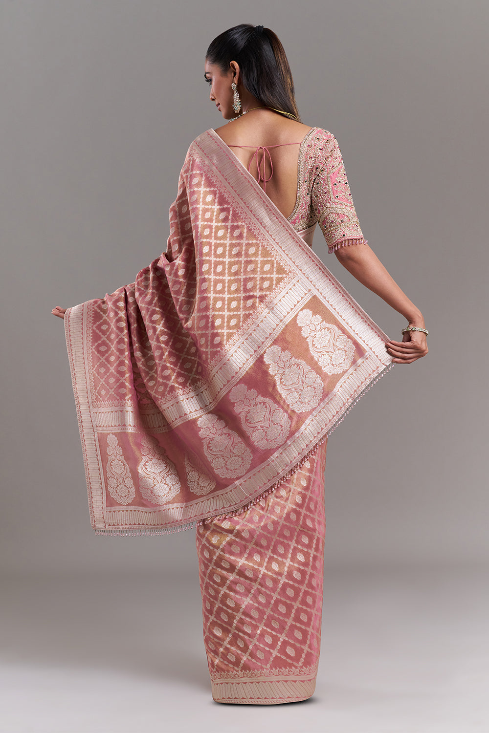 Pink Shimmer Tissue Banarasi Printed Saree with Stitched Blouse