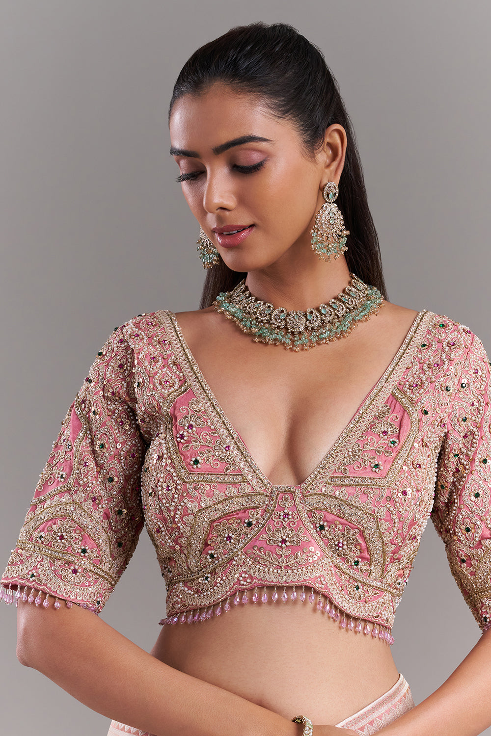 Pink Shimmer Tissue Banarasi Printed Saree with Stitched Blouse