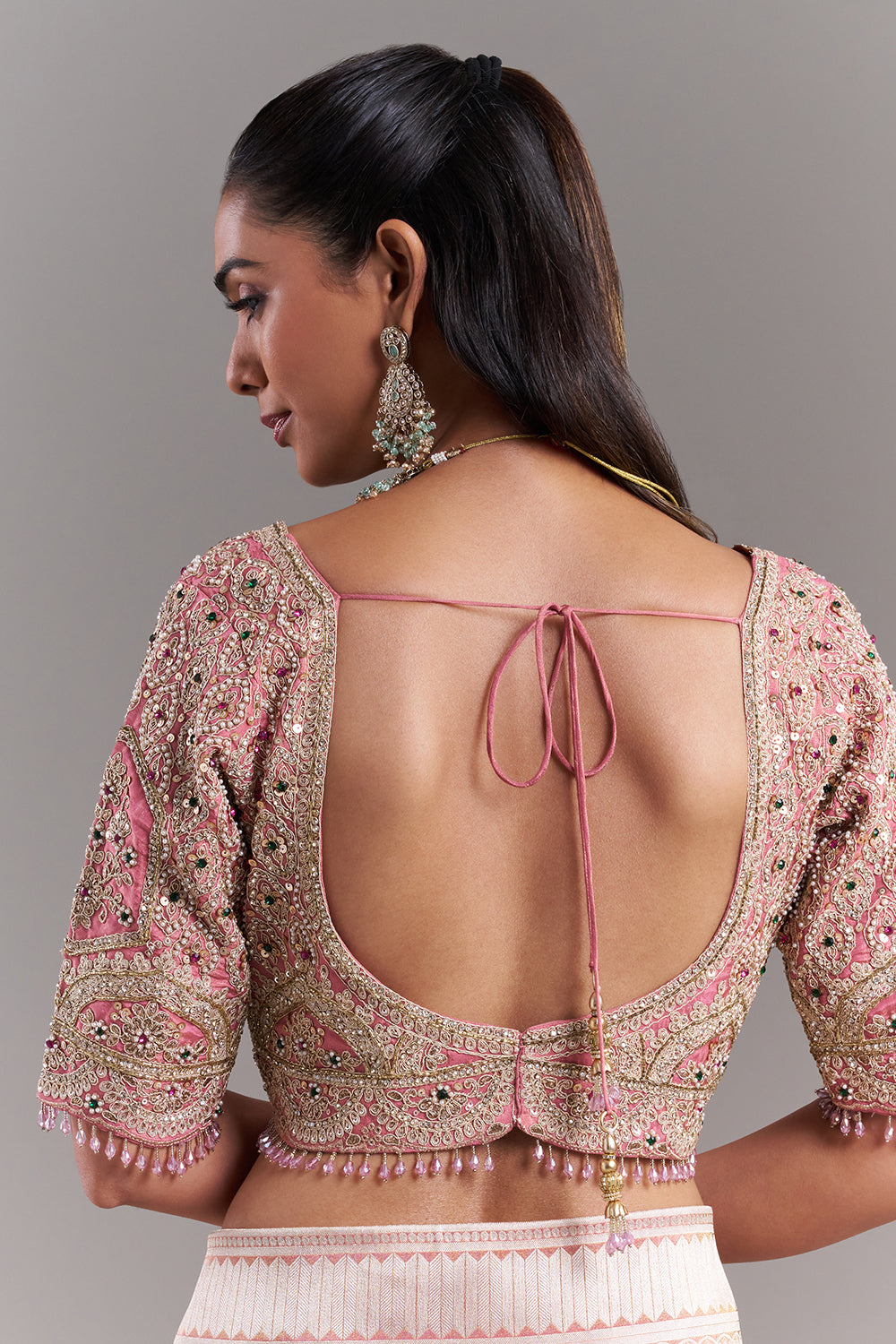 Pink Shimmer Tissue Banarasi Printed Saree with Stitched Blouse
