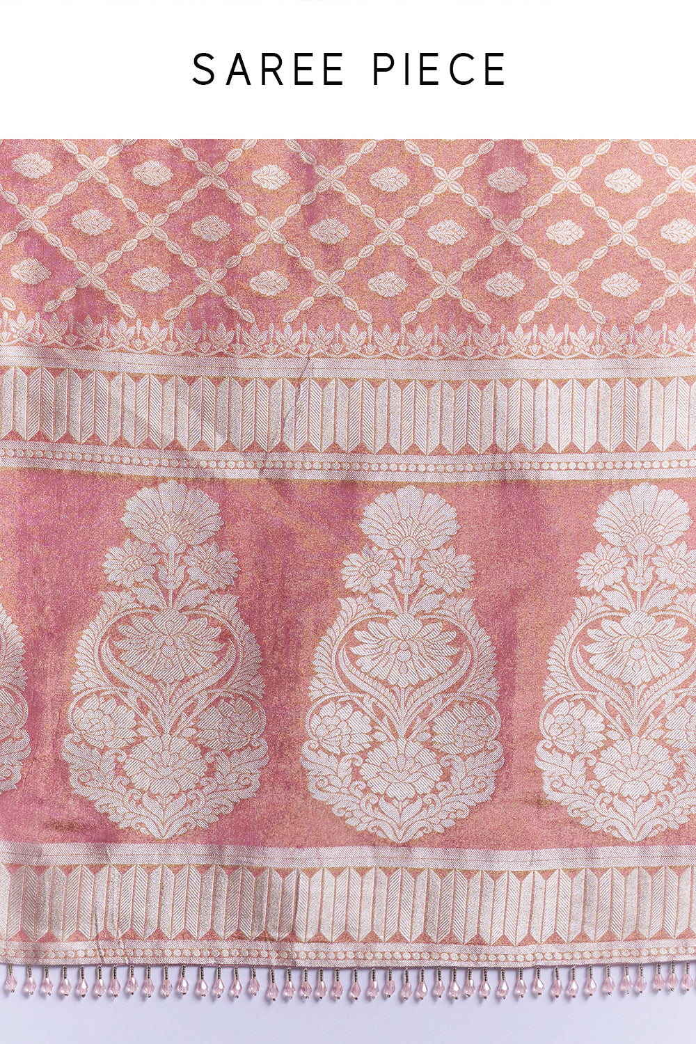 Pink Shimmer Tissue Banarasi Printed Saree with Stitched Blouse