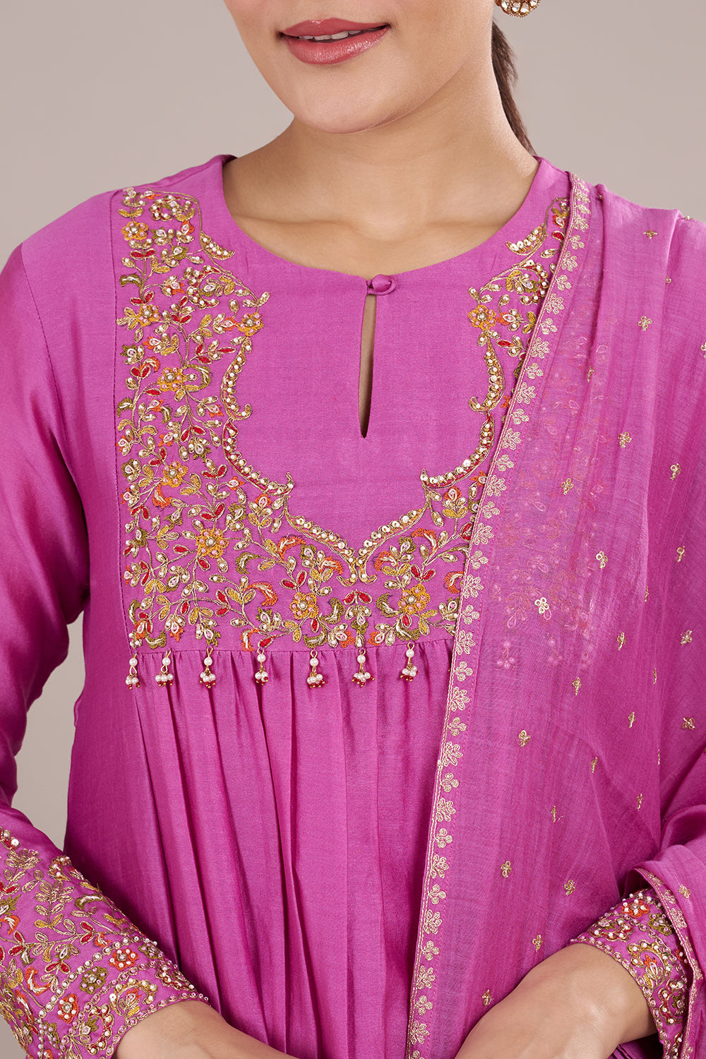 Pink Silk Blend Anarkali Kurta Set with Zari Embroidery