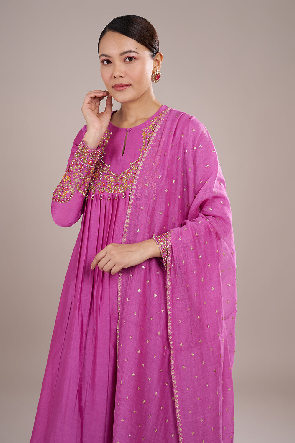 Pink Silk Blend Anarkali Kurta Set with Zari Embroidery