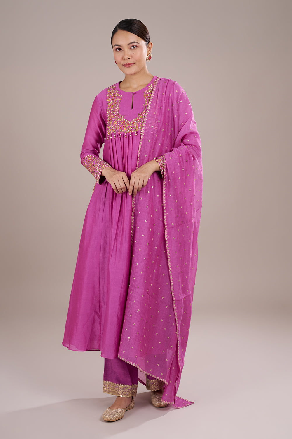 Pink Silk Blend Anarkali Kurta Set with Zari Embroidery