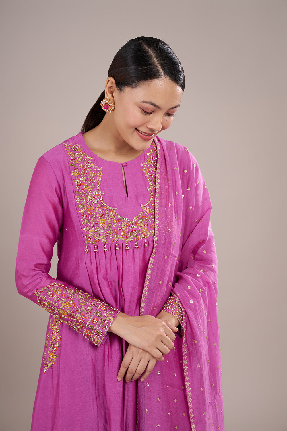 Pink Silk Blend Anarkali Kurta Set with Zari Embroidery