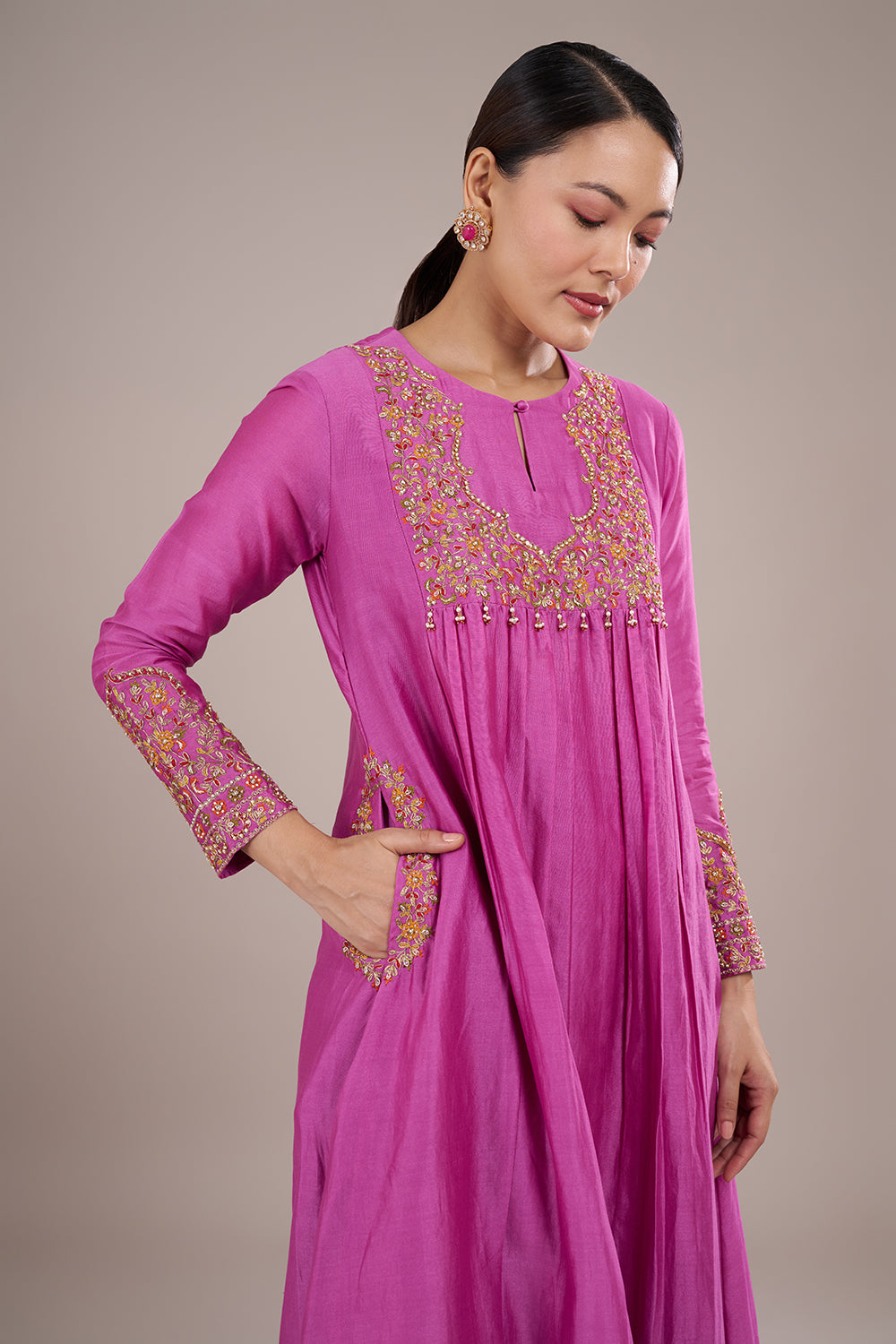 Pink Silk Blend Anarkali Kurta Set with Zari Embroidery