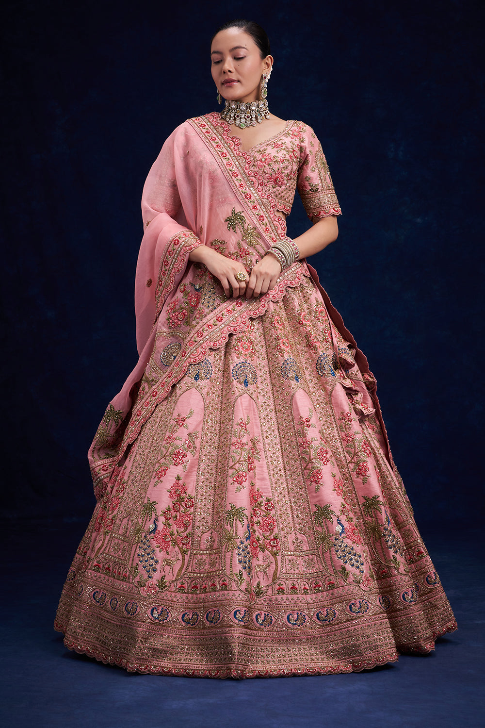Pink Silk Bridal Lehenga with Zardozi and French Knot Work