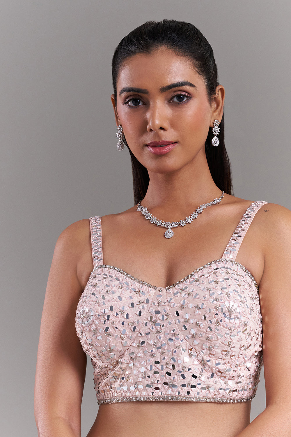 Pink Silk Embroidered Blouse with Mirror Geometric Work