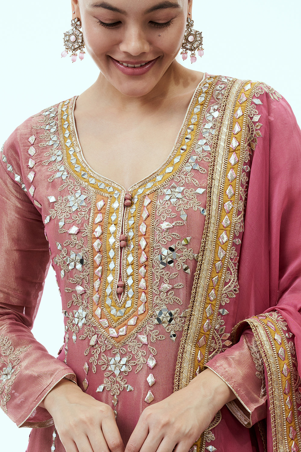 Pink Tissue Anarkali Set with Mirror Work