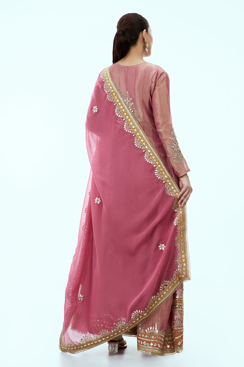Pink Tissue Anarkali Set with Mirror Work