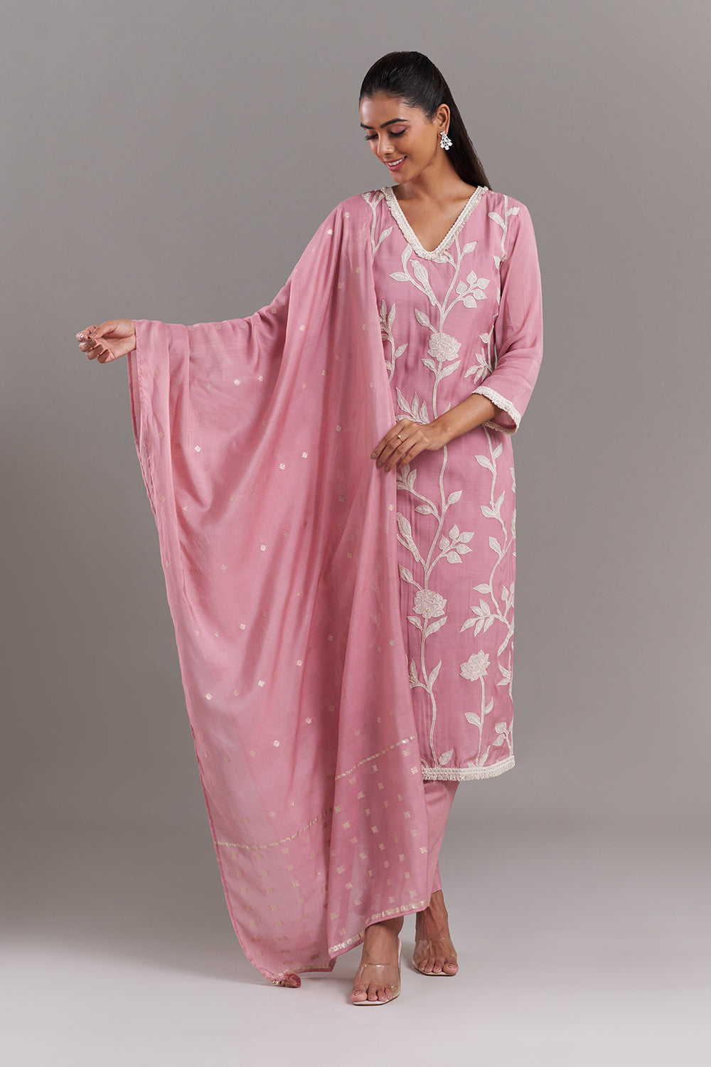 Pink Tissue Applique Kurta Set