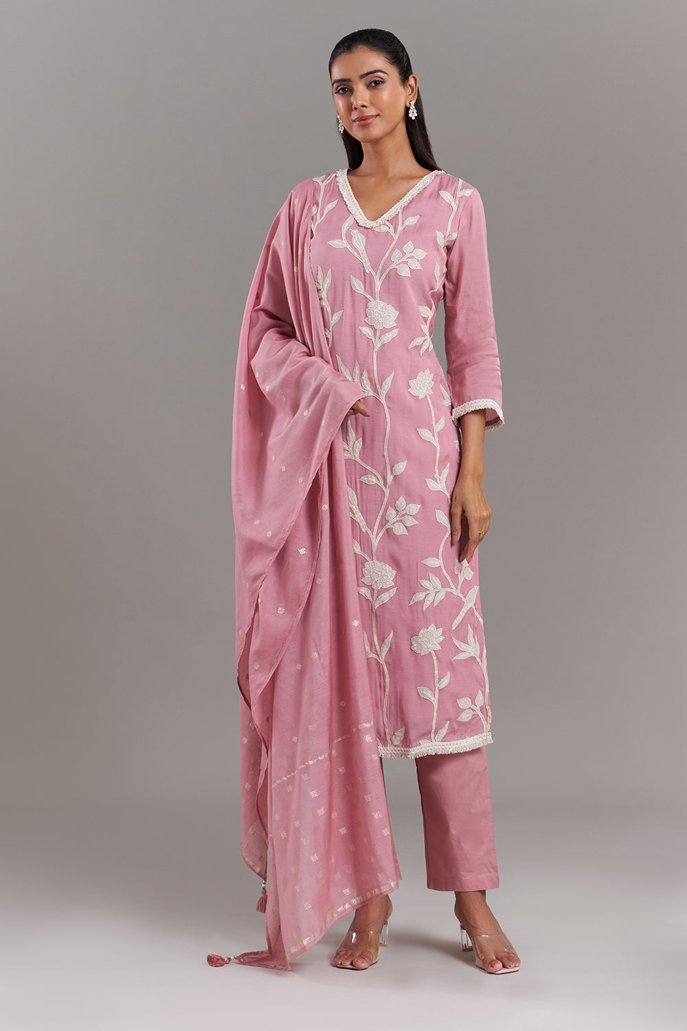 Pink Tissue Applique Kurta Set