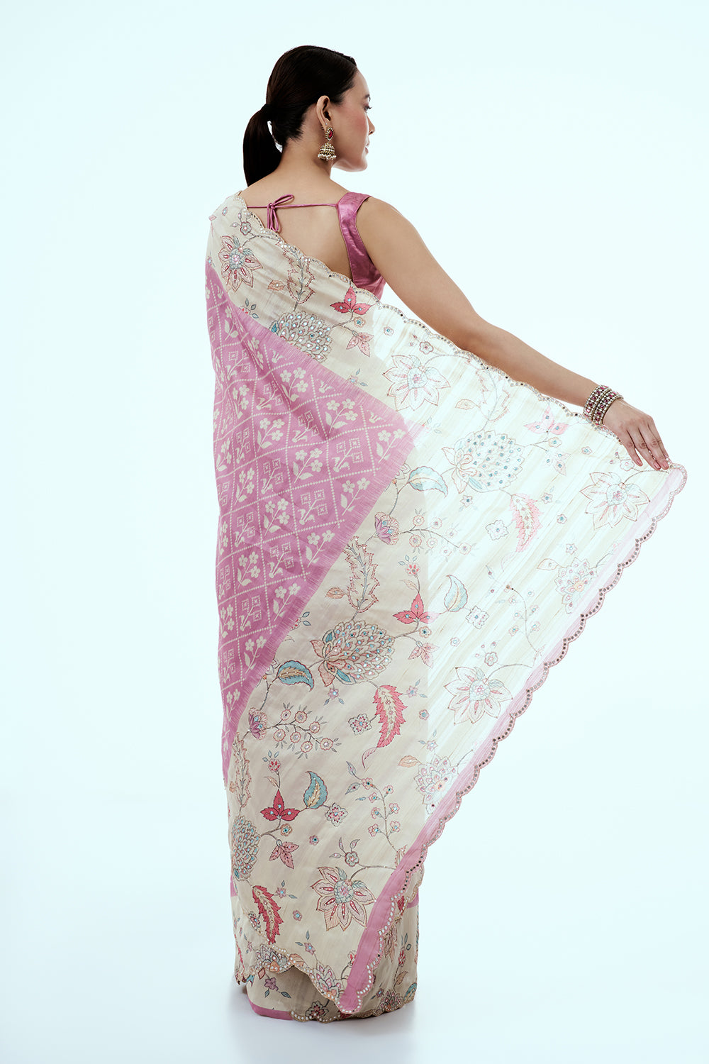 Pink Tussar Silk Saree with Floral Print