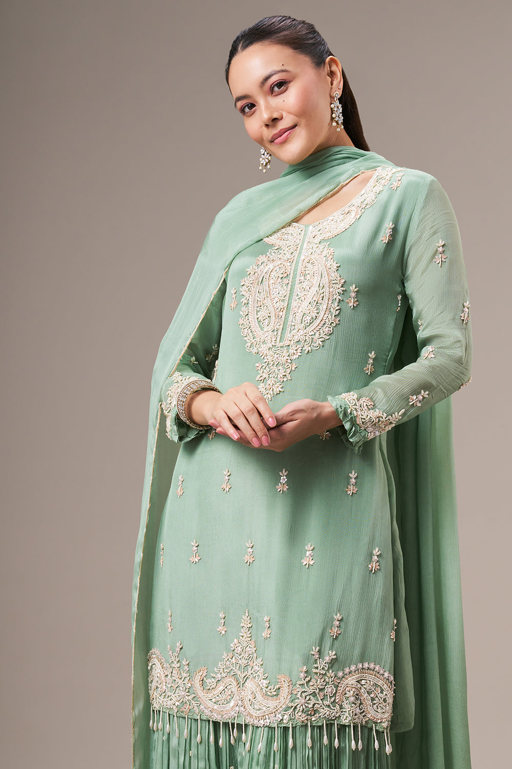 Pista Green Chinon Sharara Suit with Pearl and Sequin Work