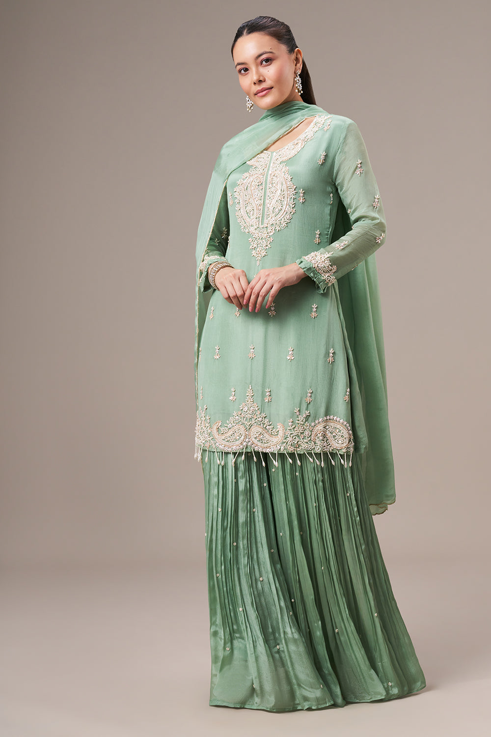 Pista Green Chinon Sharara Suit with Pearl and Sequin Work