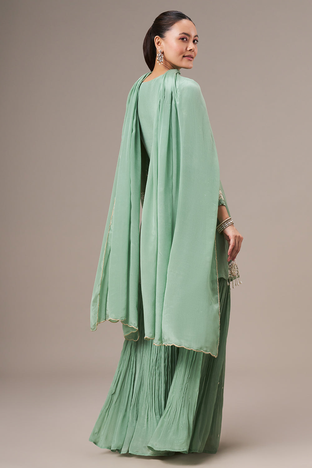 Pista Green Chinon Sharara Suit with Pearl and Sequin Work