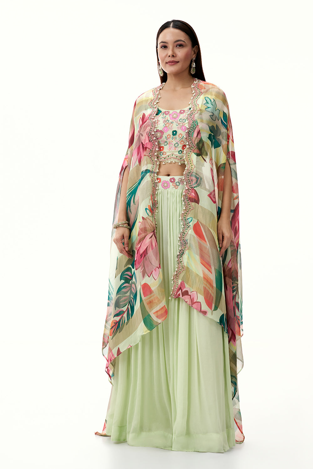 Pista Green Chinon Skirt Set with Moti Work and Printed Cape