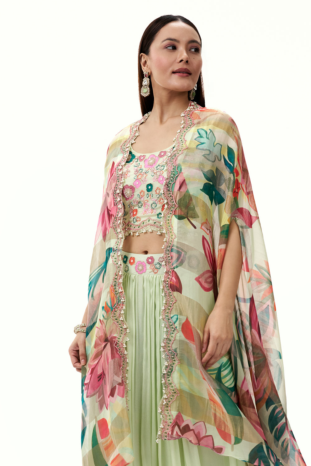 Pista Green Chinon Skirt Set with Moti Work and Printed Cape