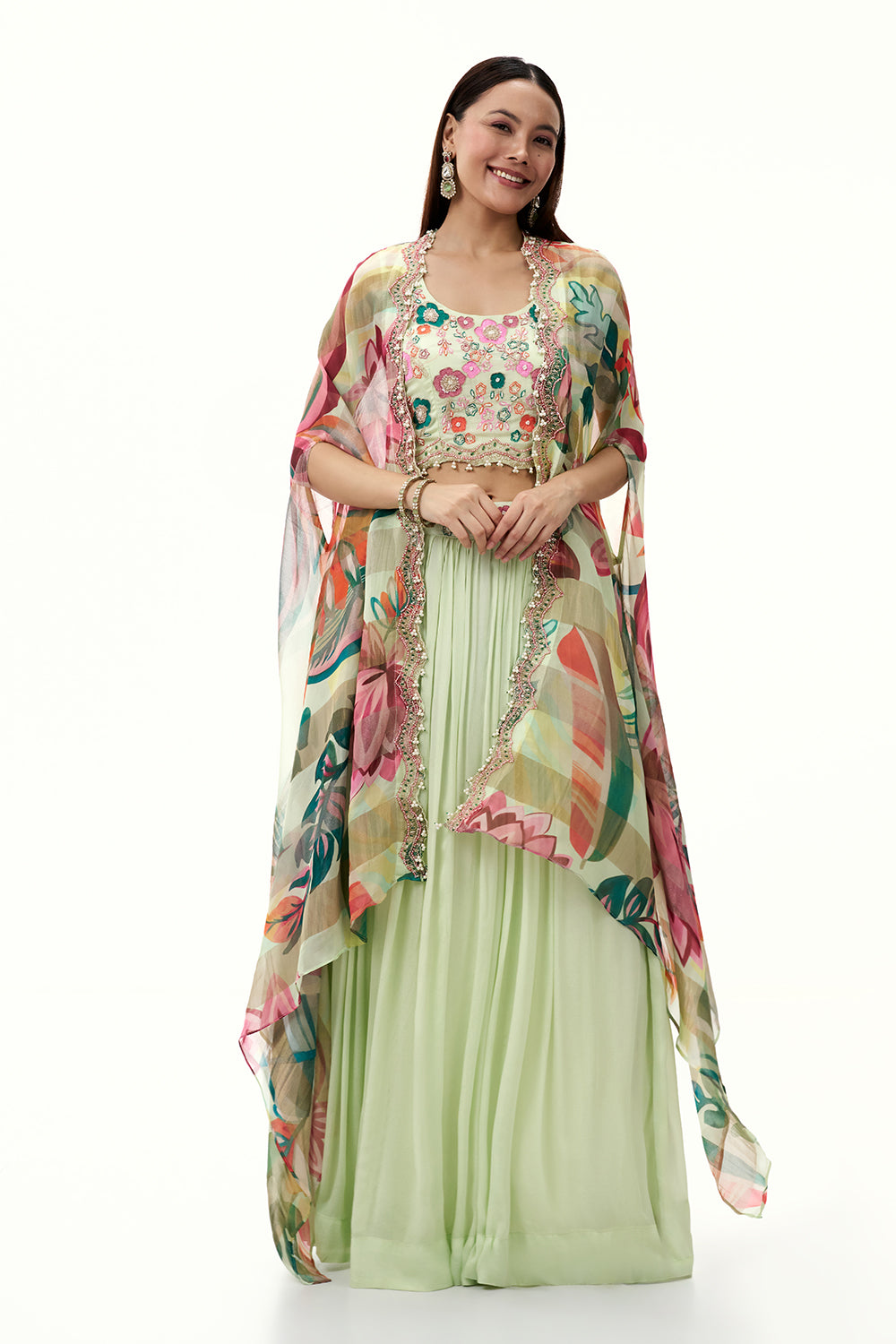 Pista Green Chinon Skirt Set with Moti Work and Printed Cape