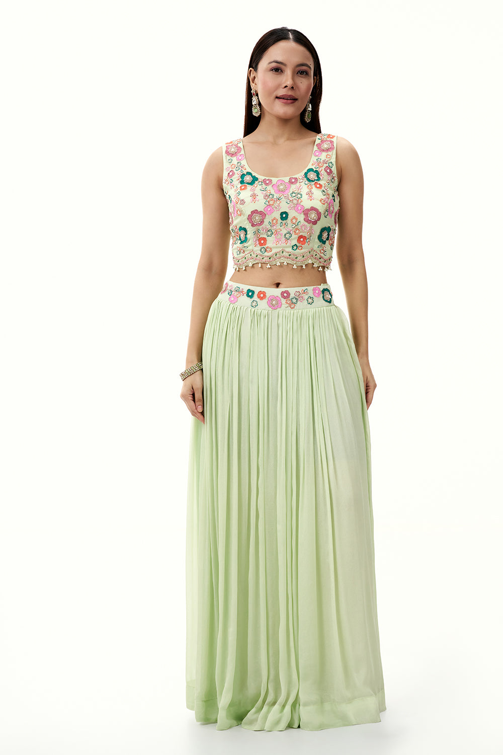 Pista Green Chinon Skirt Set with Moti Work and Printed Cape