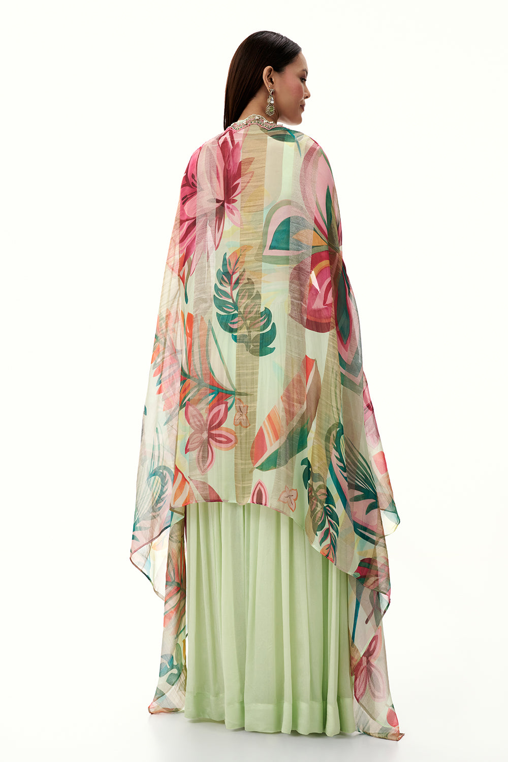 Pista Green Chinon Skirt Set with Moti Work and Printed Cape