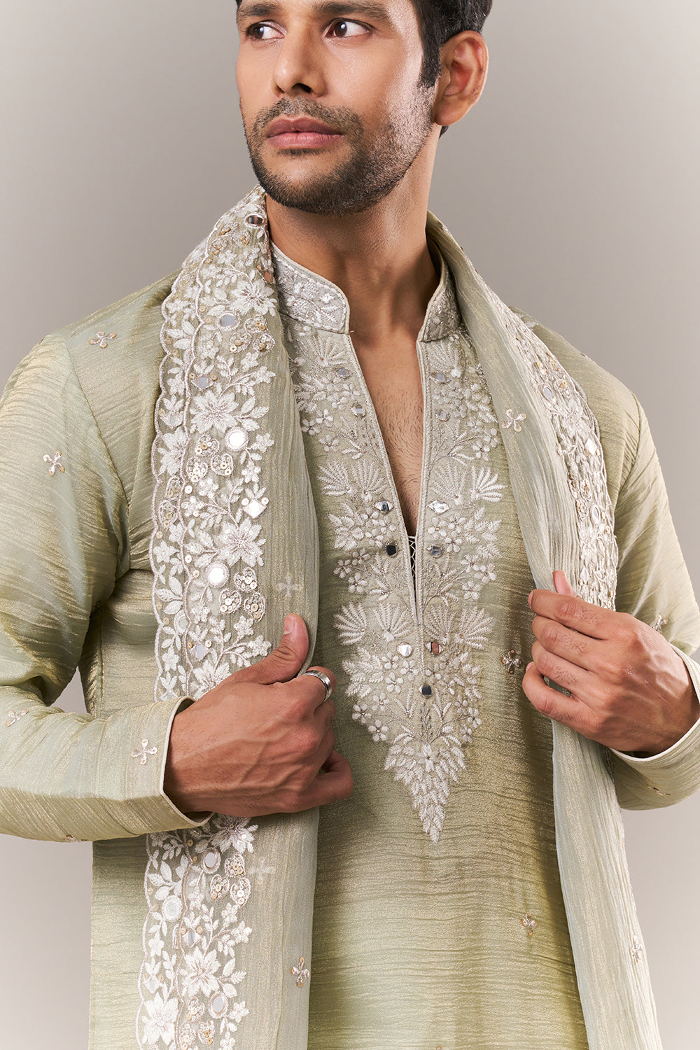 Pista Green Crush Mens Kurta Set with Dori and Mirror Work