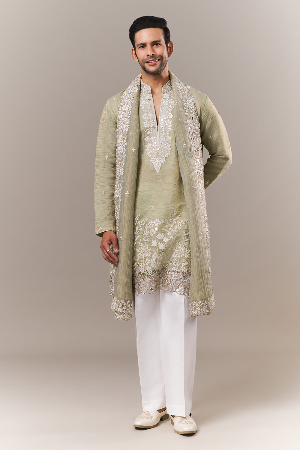Pista Green Crush Mens Kurta Set with Dori and Mirror Work