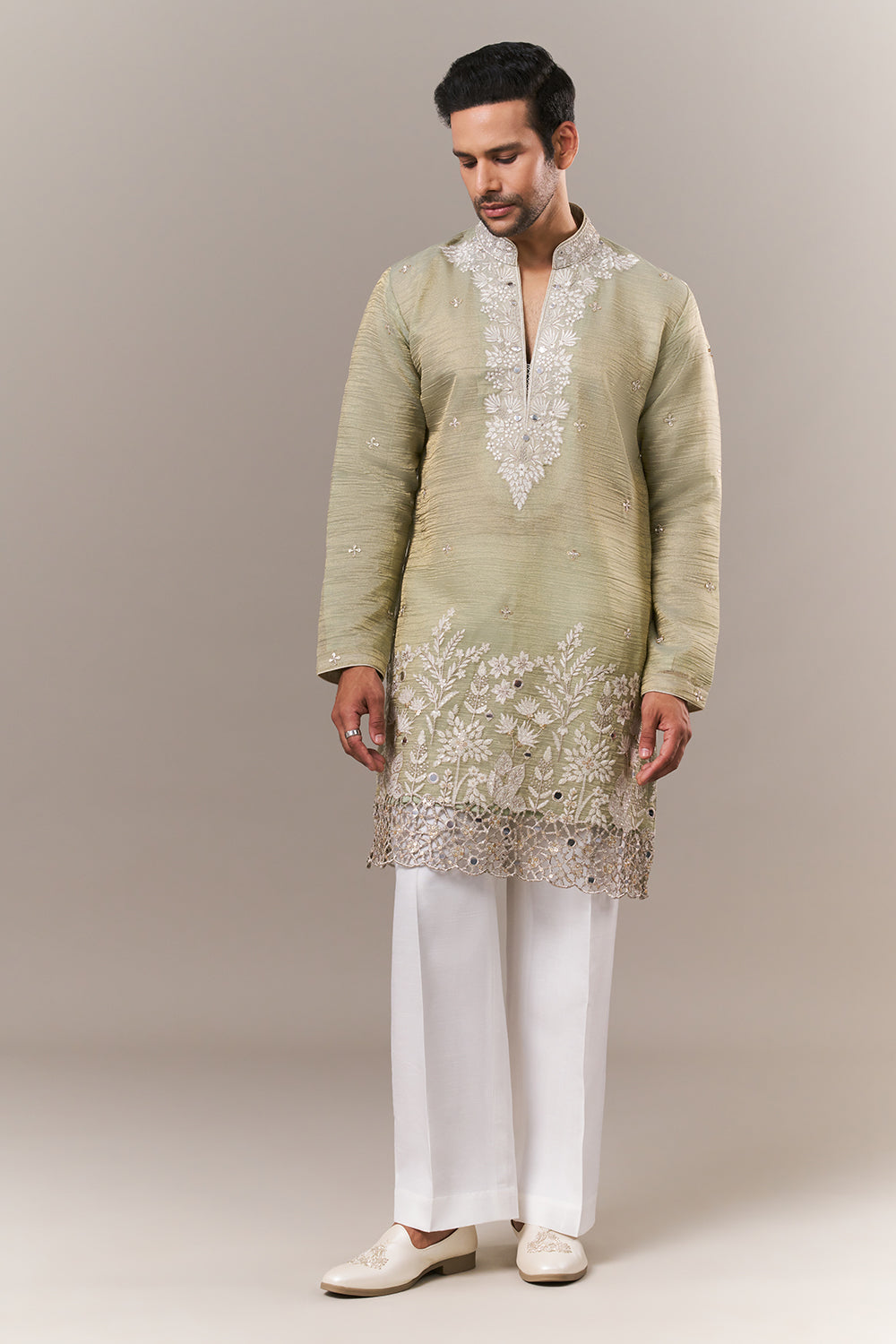 Pista Green Crush Mens Kurta Set with Dori and Mirror Work