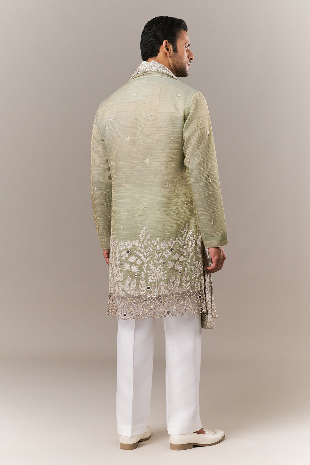 Pista Green Crush Mens Kurta Set with Dori and Mirror Work