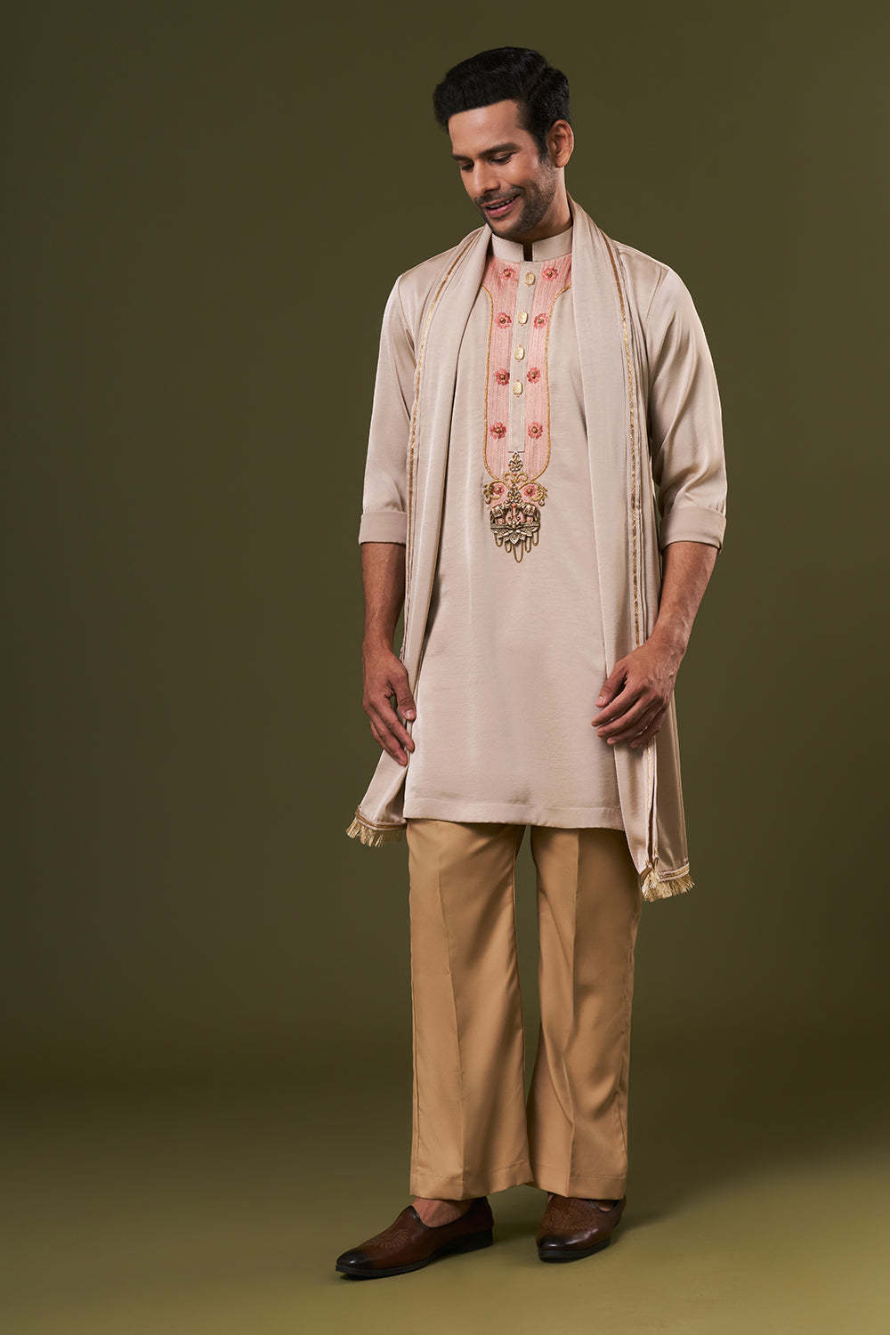 Taupe Satin Mens Kurta Set with Cutdana and Threads Work