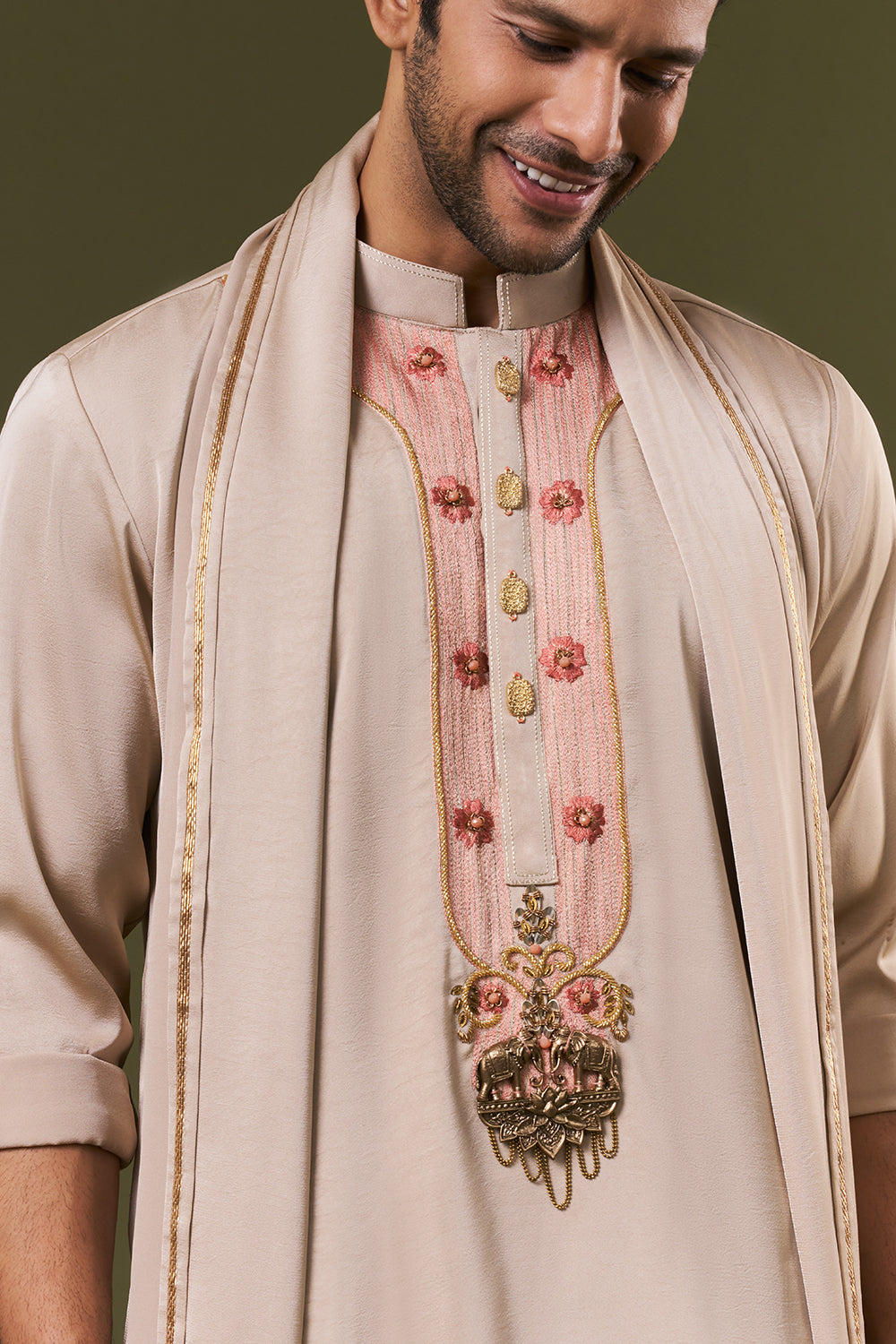 Taupe Satin Mens Kurta Set with Cutdana and Threads Work