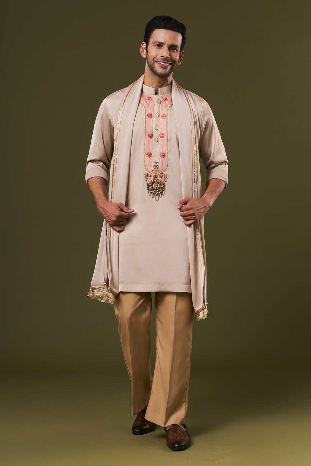 Taupe Satin Mens Kurta Set with Cutdana and Threads Work