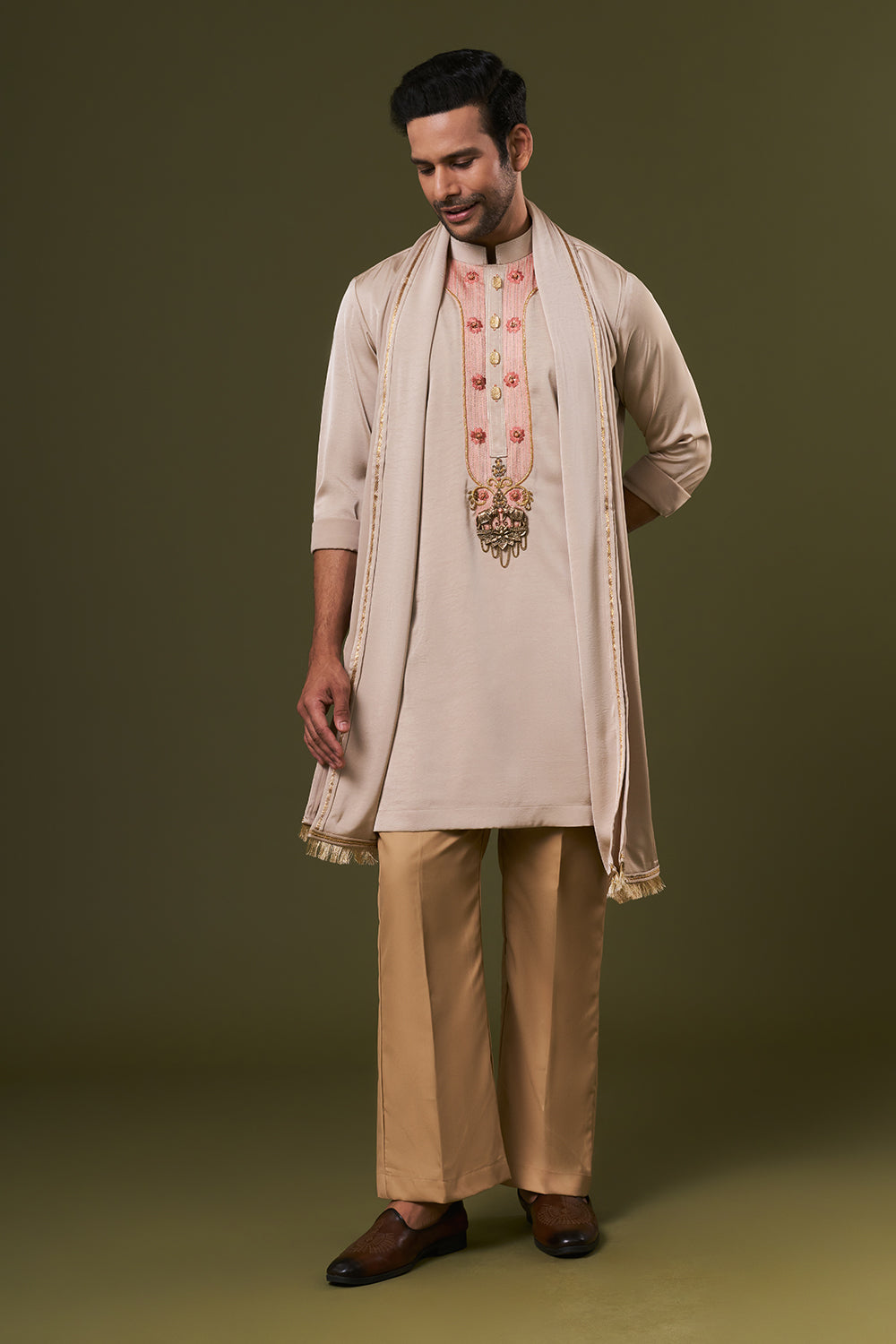 Taupe Satin Mens Kurta Set with Cutdana and Threads Work