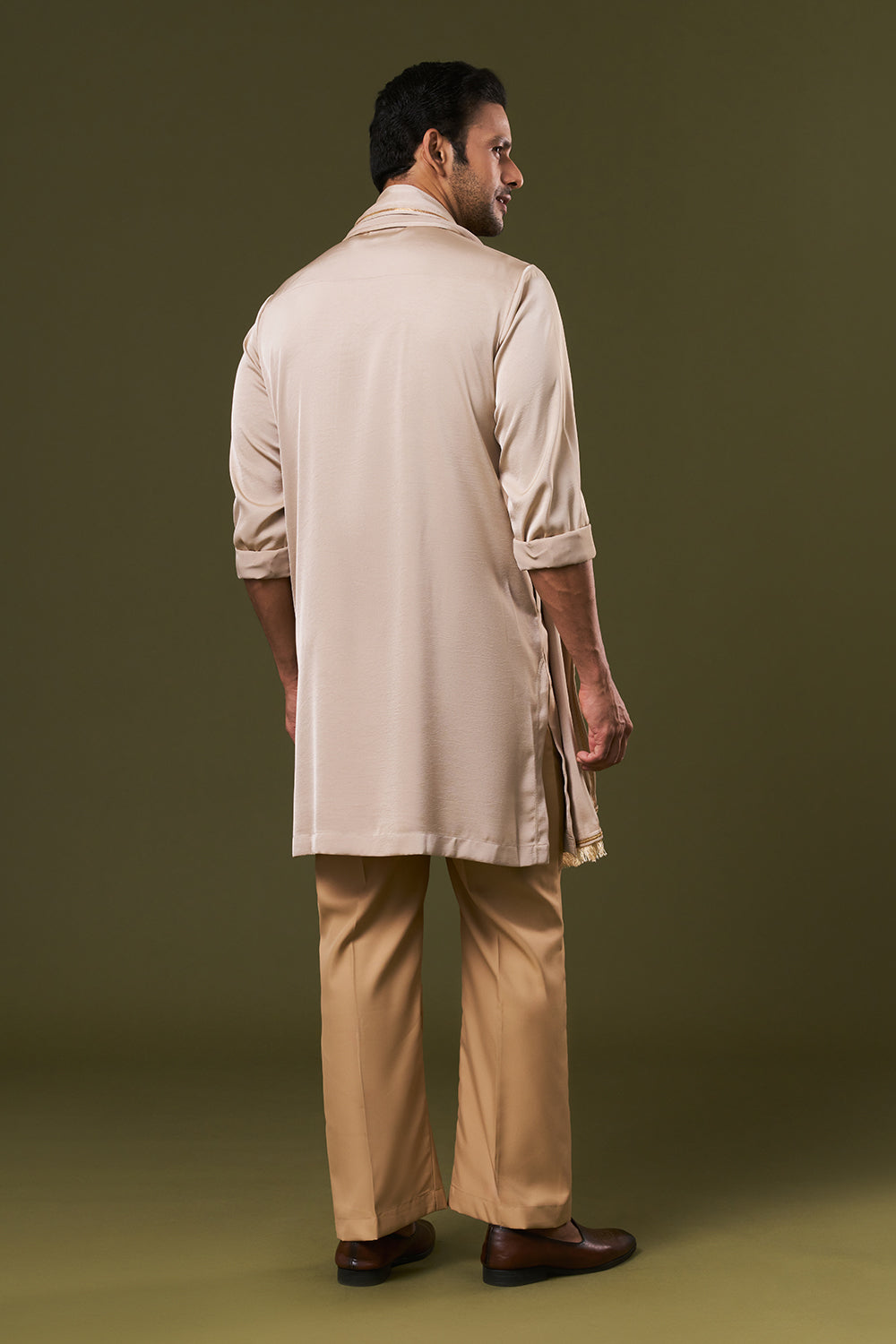 Taupe Satin Mens Kurta Set with Cutdana and Threads Work