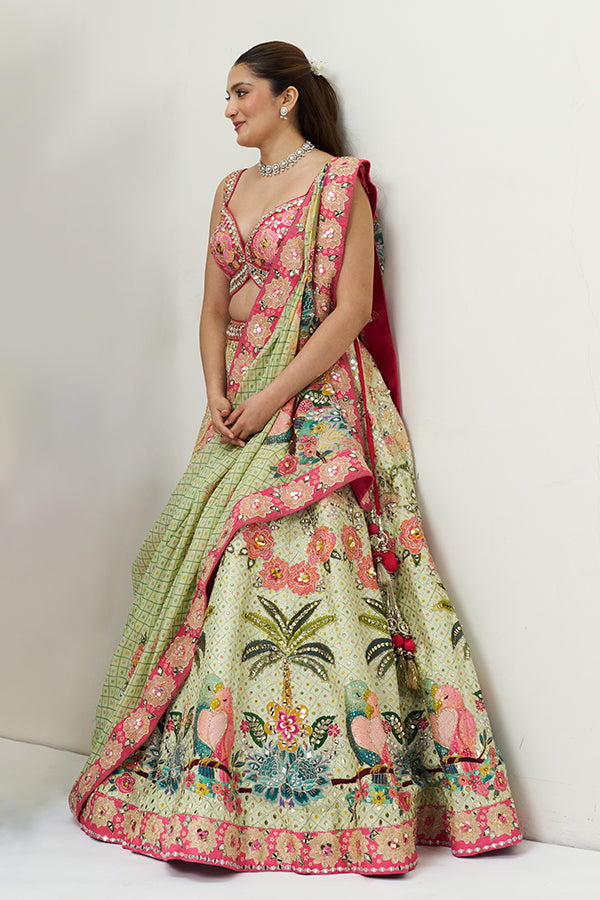 Pista Green Embellished Silk Bridesmaid Lehenga Set