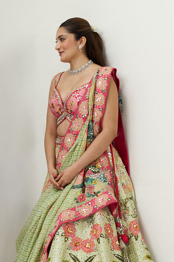 Pista Green Embellished Silk Bridesmaid Lehenga Set