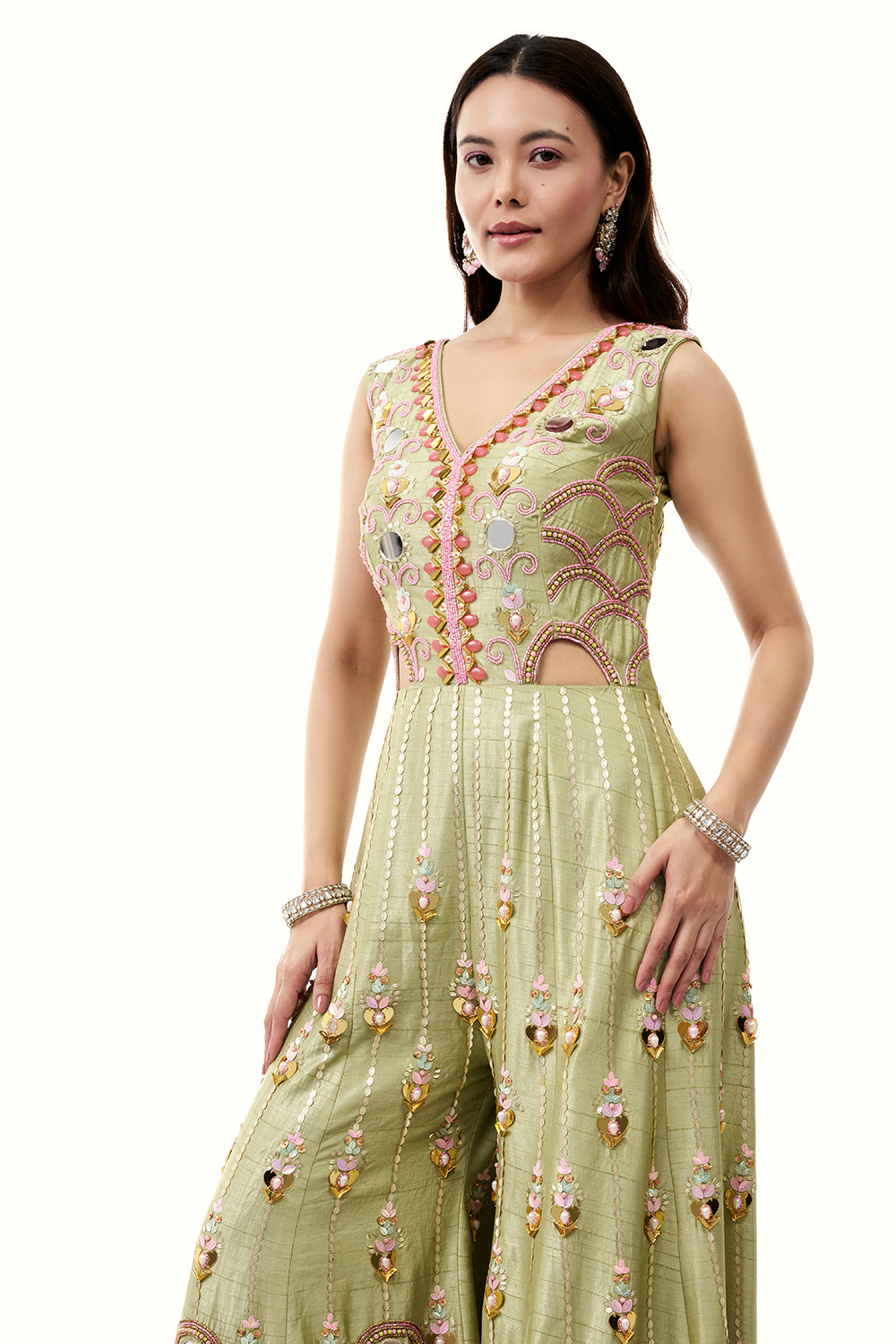 Pista Green Raw Silk Jumpsuit with Colourful 3D Work