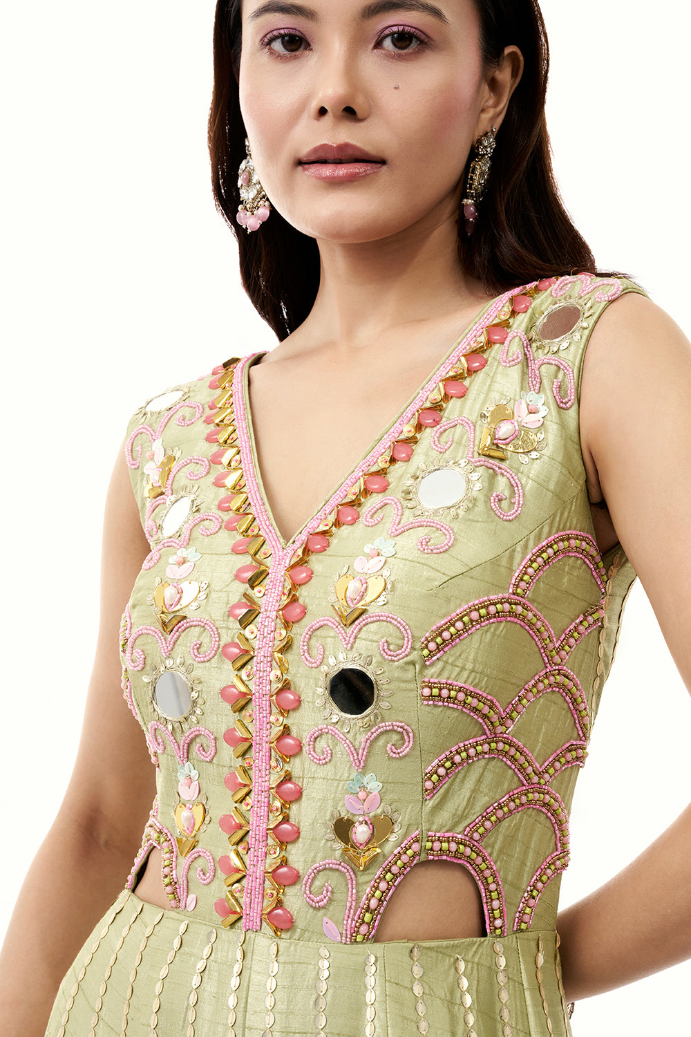 Pista Green Raw Silk Jumpsuit with Colourful 3D Work
