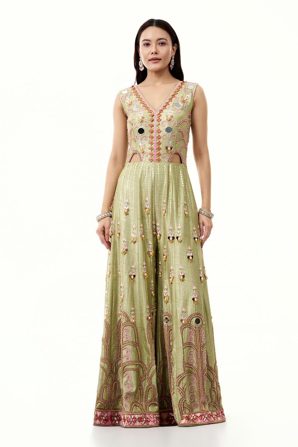Pista Green Raw Silk Jumpsuit with Colourful 3D Work