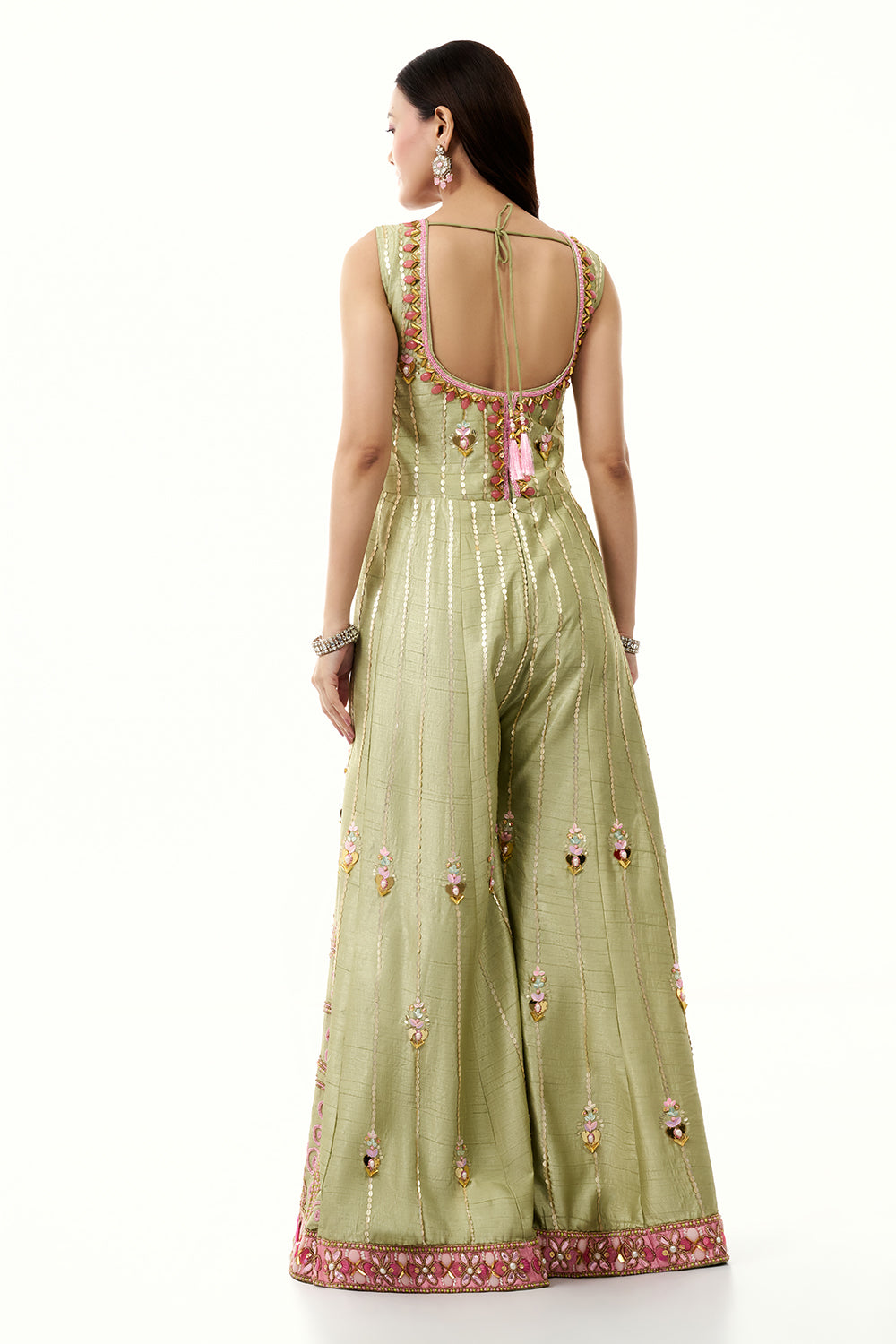 Pista Green Raw Silk Jumpsuit with Colourful 3D Work