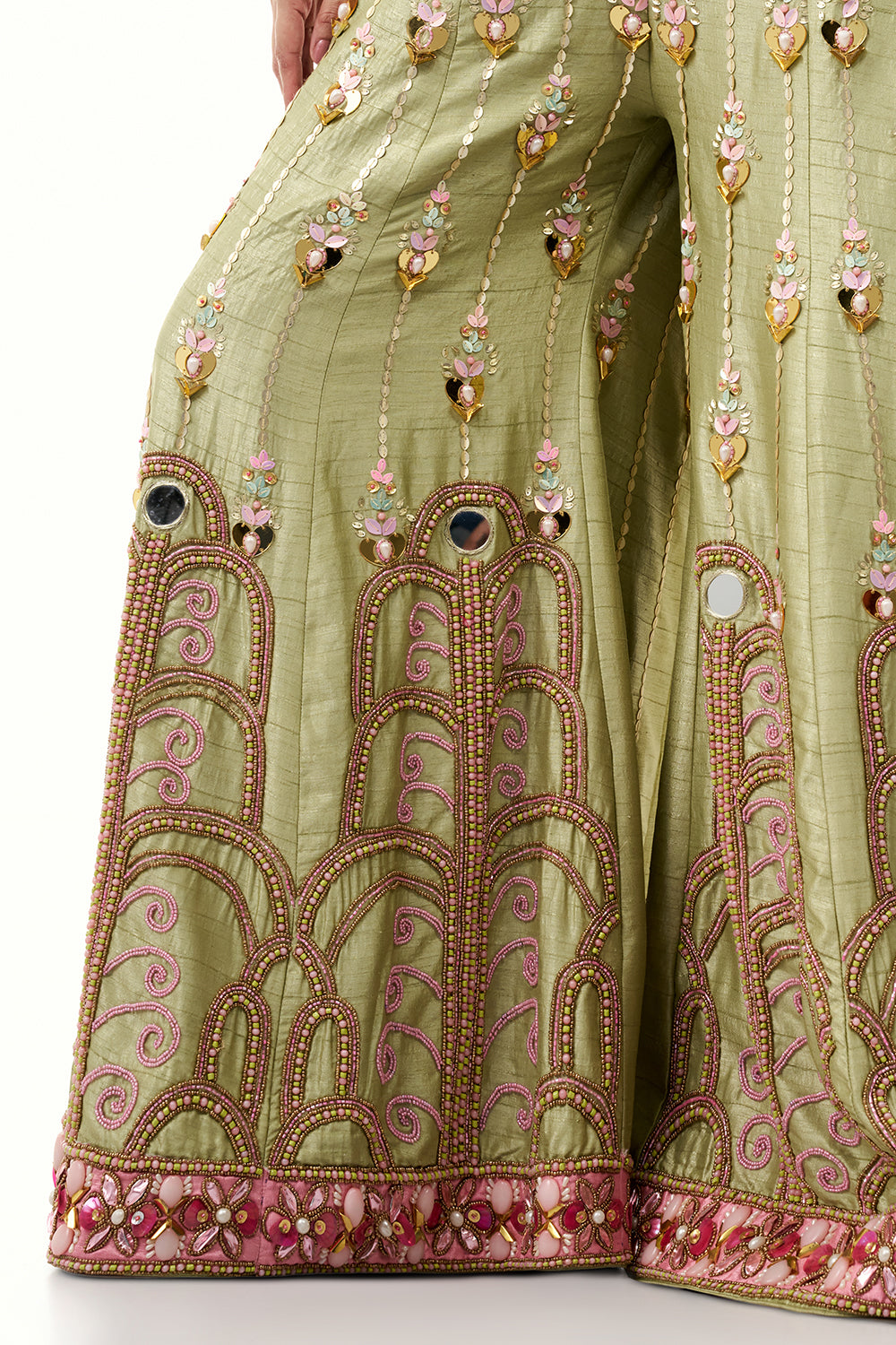 Pista Green Raw Silk Jumpsuit with Colourful 3D Work